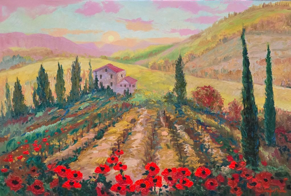 Tuscany in the mist with morning sunrise. Tall Italian Cypress trees line a vineyard on the hills su