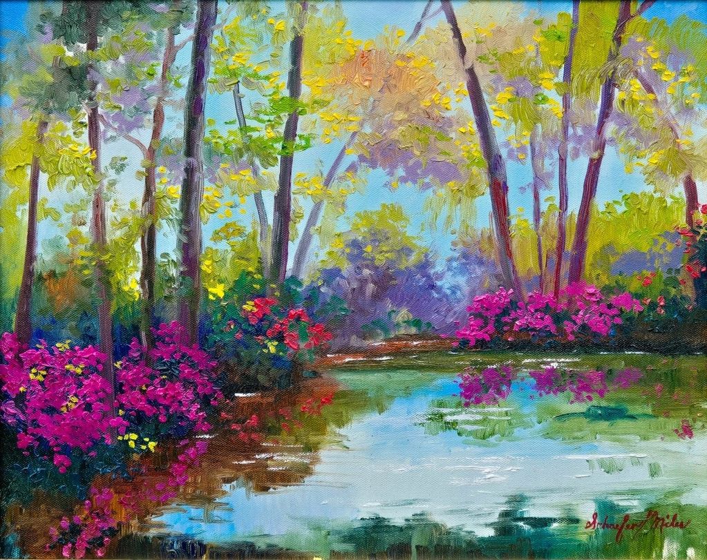 Oil Painting 16x20 Azalea Reflections at the Bok Tower Gardens in Florida.