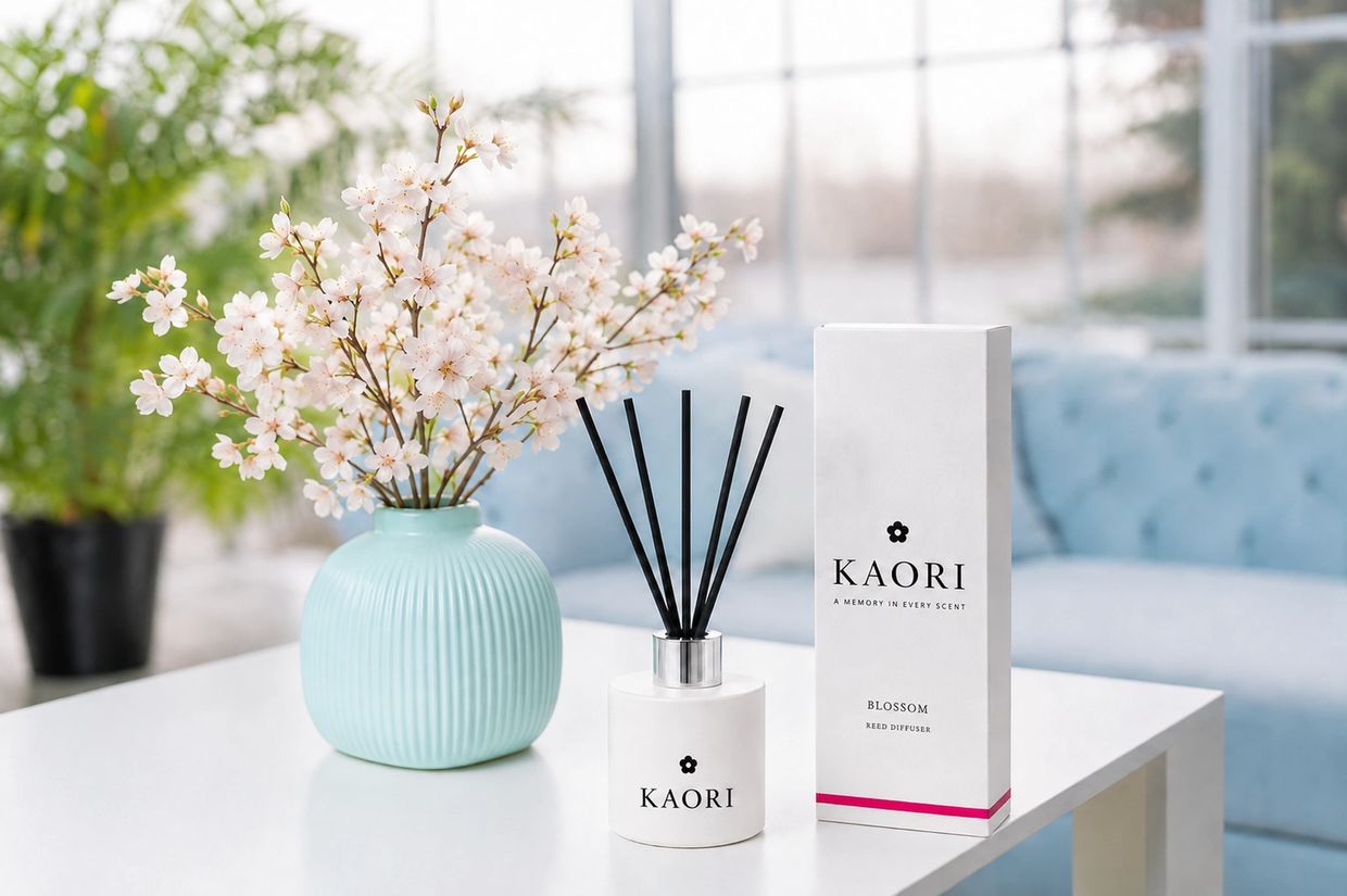 KAORI blossom reed diffuser and a vase with white flowers on a table.