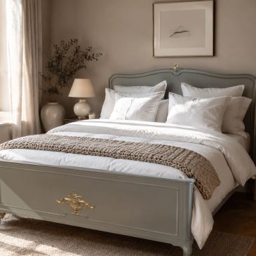 Elegant bedroom with a cozy neutral-toned bed and soft lighting.