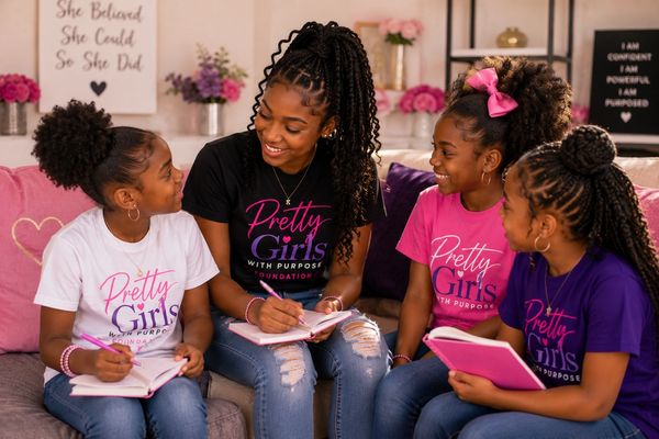 Four girls in colorful shirts smiling and writing in notebooks together.