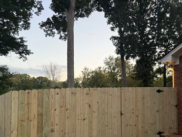 A newly installed wooden privacy fence surrounding a backyard at dusk.