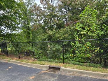 Black chain-link fence along a parking lot with trees and greenery behind it.