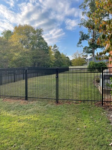 Black metal fence enclosing a grassy backyard under a partly cloudy sky.