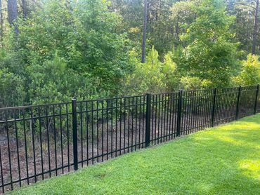 Black metal fence separating green lawn from dense forest.