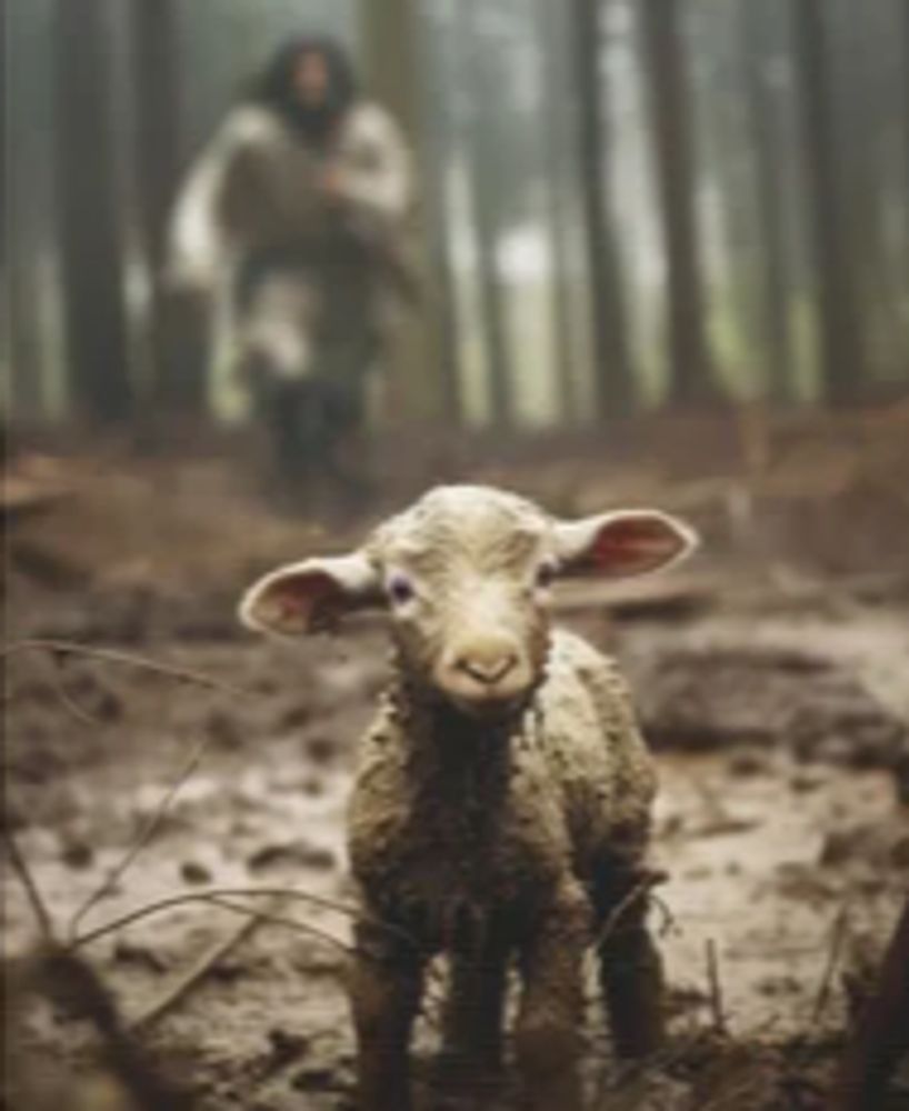 A young lamb stands on muddy ground in a forest with a person blurred in the background.