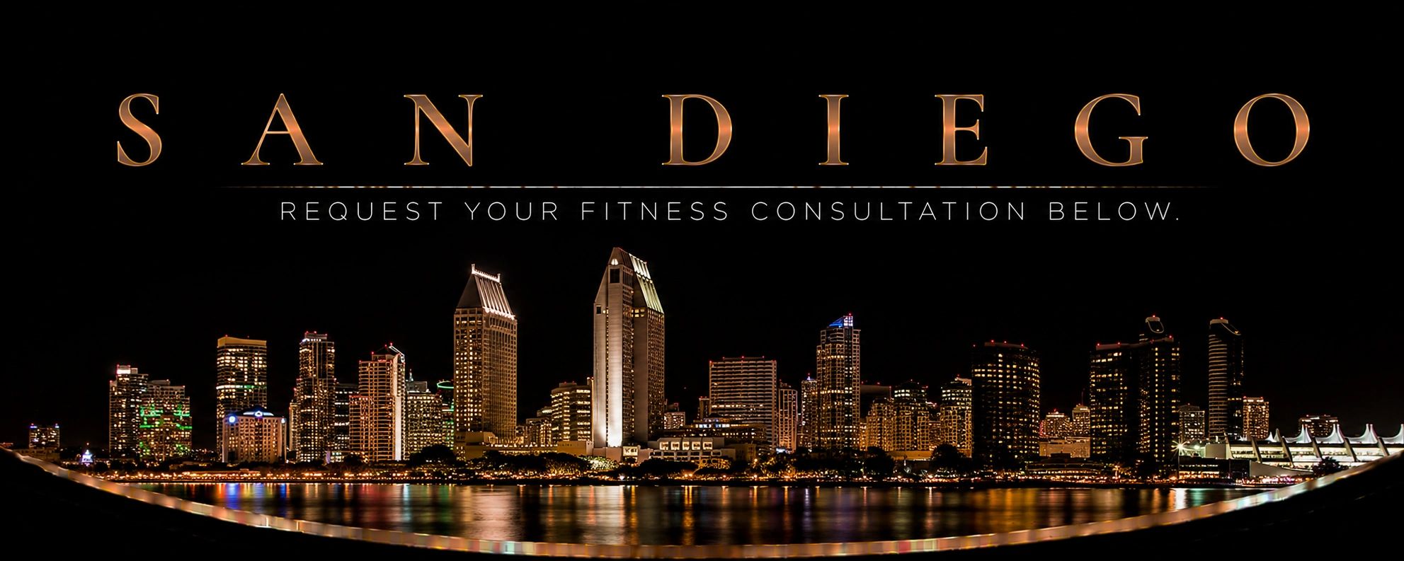 San Diego city skyline at night with fitness consultation invitation.