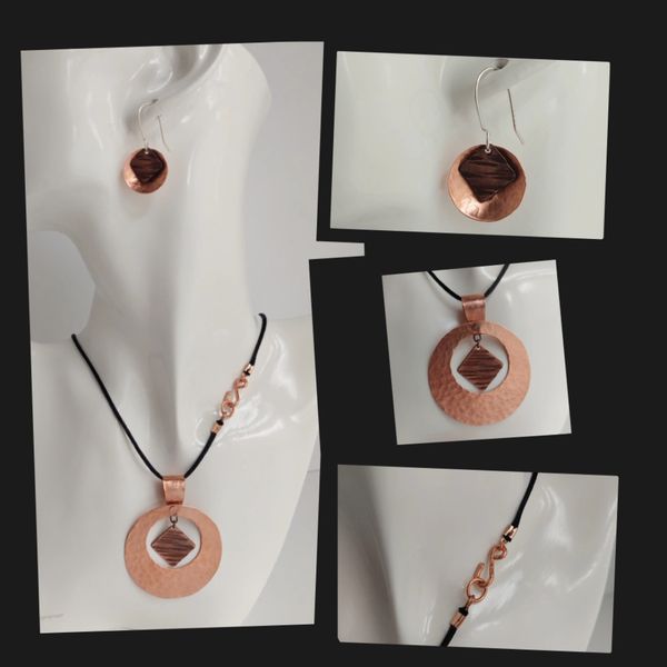 Copper pendant and earrings jewelry set made in intro to metalsmithing class.