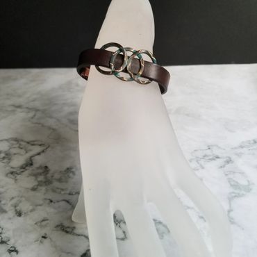 Handmade artisan copper patina leather bracelet with etching. Louisville, KY, Kentucky, Crestwood