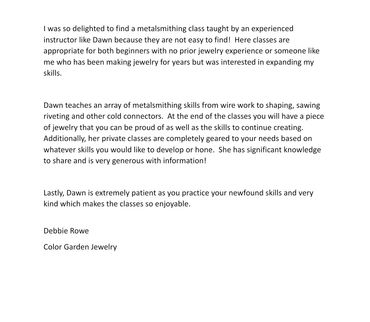 A review of a student who took a metalsmithing copper jewelry class