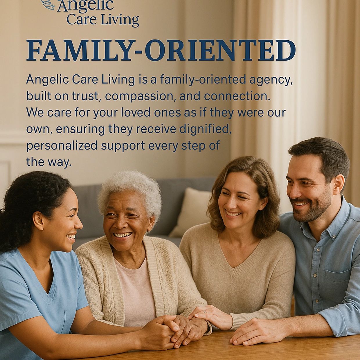 An aide with a family sitting and smiling