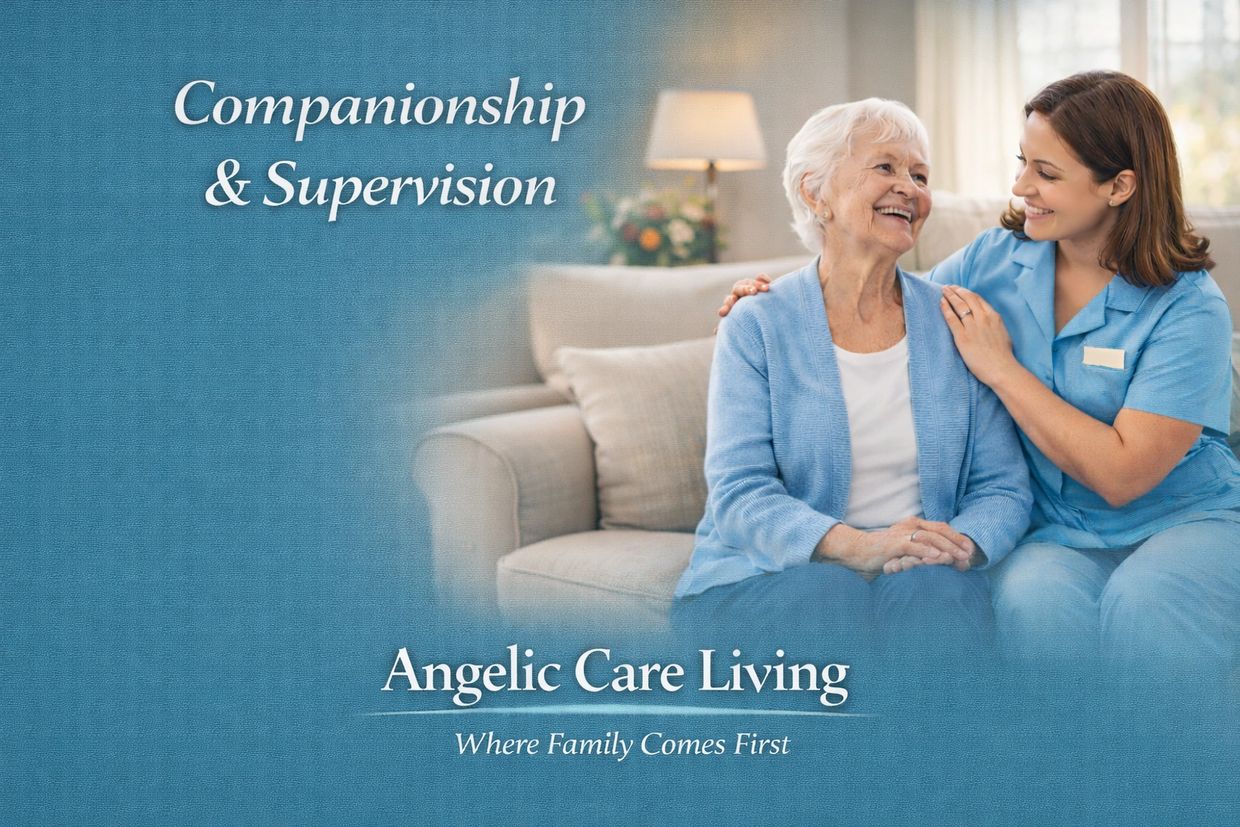 Caregiver providing companionship and supervision to a senior, offering safety and reassurance.