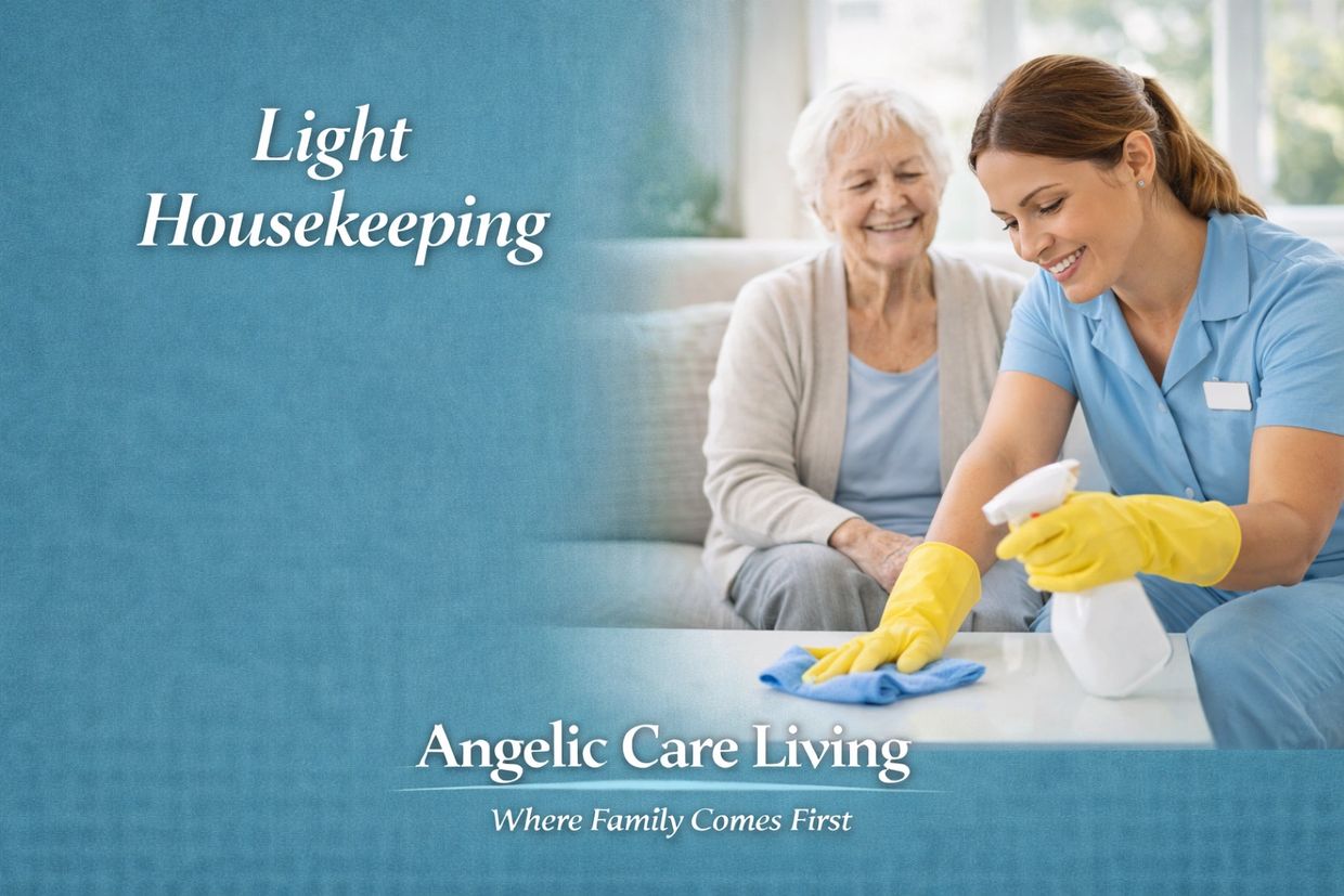 Caregiver providing light housekeeping to help keep a senior’s home clean.