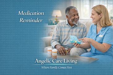 Caregiver providing medication reminders to help a senior stay on schedule.