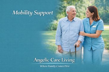 Caregiver assisting a senior with mobility support for safe movement and independence.