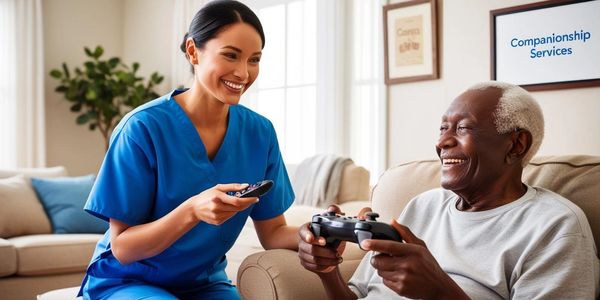An older adult is enjoying a video game while playing with his companion from Angelic Care Living.