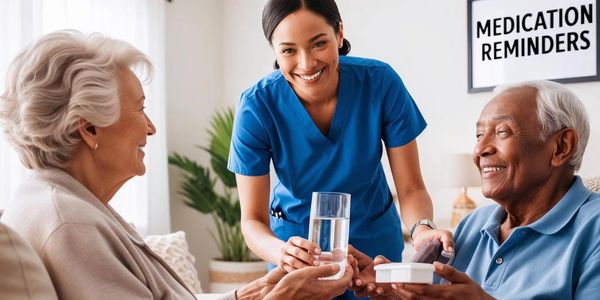 The caregiver is reminding an older adult to take their pills with a cup of water in her hand