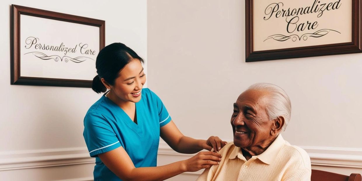 An Angelic Care living caregiver gently rests her hand on the older adult while smiling.