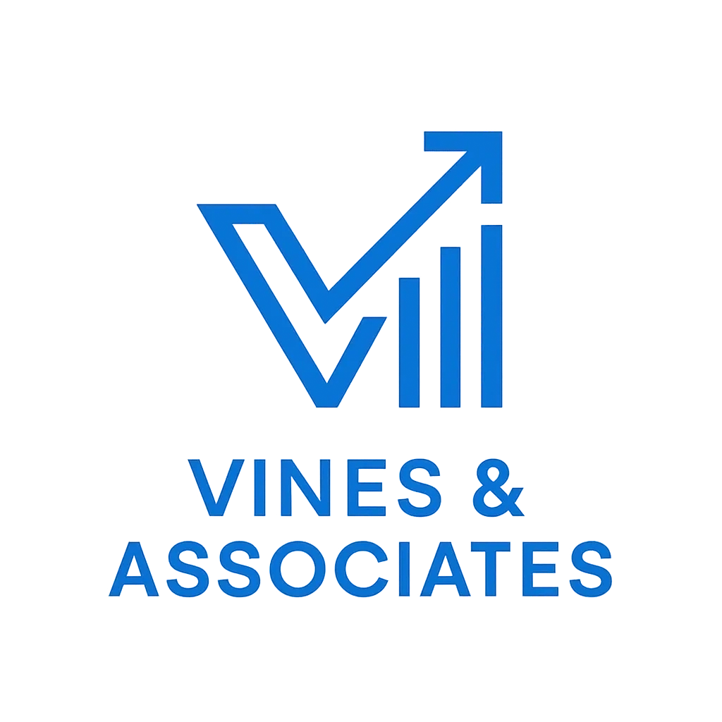 Blue logo of Vines & Associates with upward arrow and bar chart.
