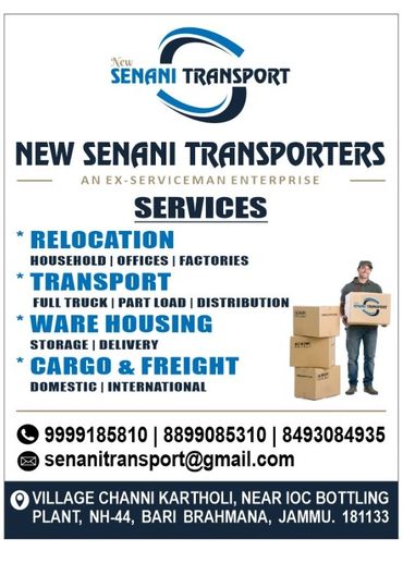 Advertisement for New Senani Transporters offering relocation, transport, warehousing, and cargo services.