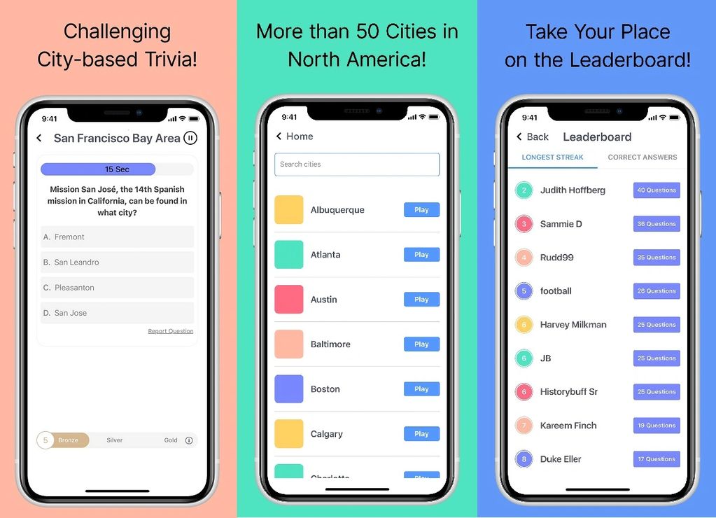 Trivia, mobile app, cities