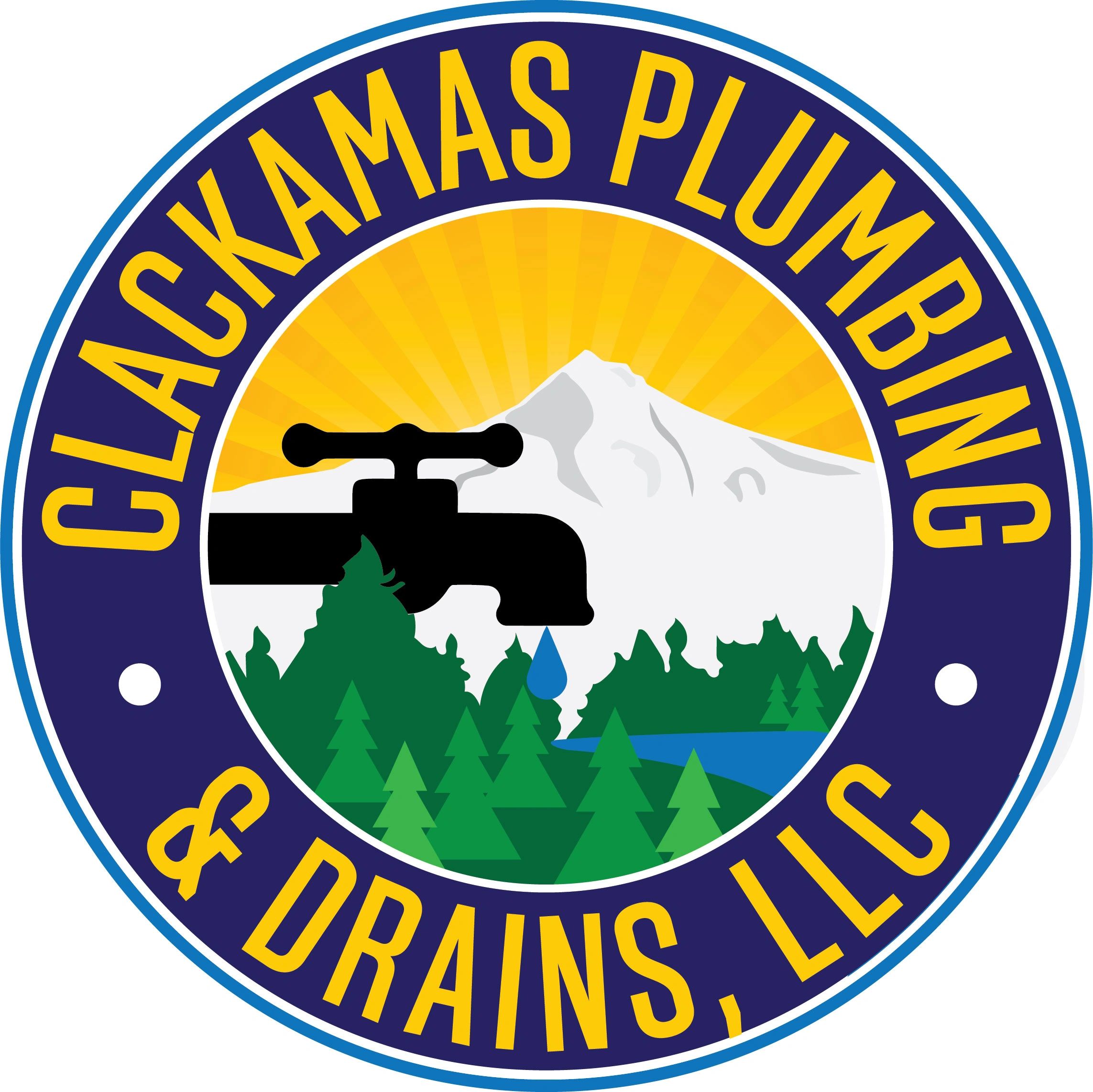 Logo for Clackamas Plumbing & Drains, featuring a faucet and nature scene.