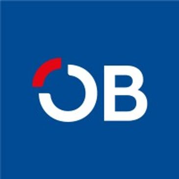 Logo with stylized letters 'OB' on blue background.