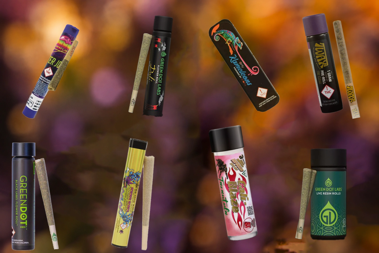 Various cannabis pre-rolls and their containers on a colorful background.