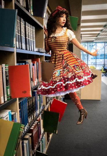 Model shot: Duplicate.
Model Raquel posing in Library.