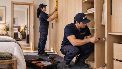 Equipo de Ensambla Partners nivelando un armario de madera y ajustando una bisagra.