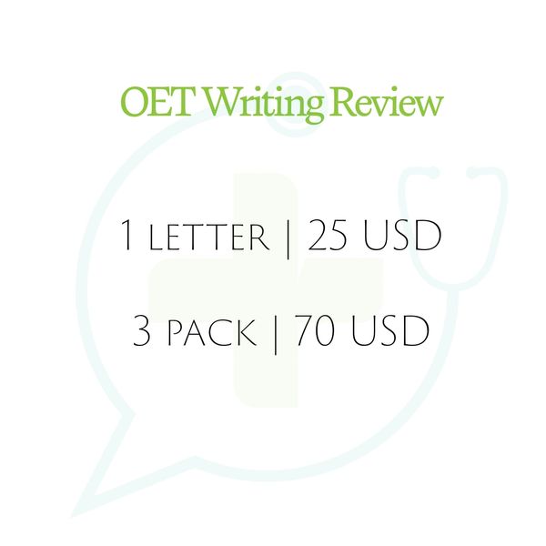 OET Writing Review pricing: $25 for one letter, $70 for a three-letter pack.