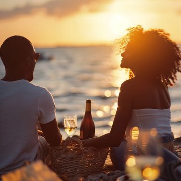 Couple enjoying a sunset picnic by the water with wine and cheese.