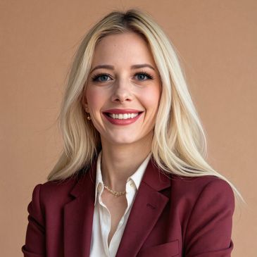 Smiling woman in maroon blazer and white shirt against beige background.