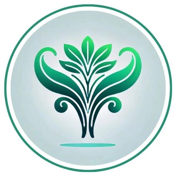 Stylized green leaf emblem inside a circular frame.