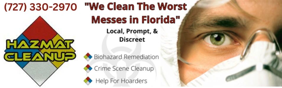 Our Hazmat technician with our Hazmat Cleanup, LLC logo and phone number for Florida.