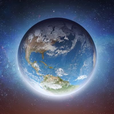 A vibrant view of Earth from space showing the Americas and surrounding oceans.