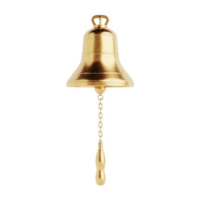 A classic gold brass bell with a hanging chain and handle.