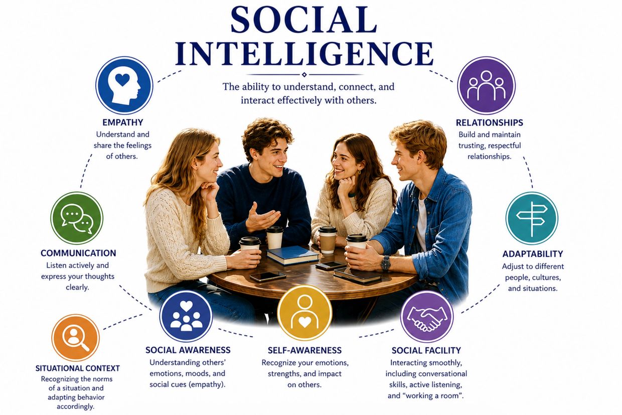 A group discussing social intelligence skills for better interaction.
