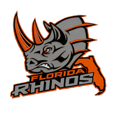 Florida Rhinos logo featuring an aggressive rhino head and state outline.