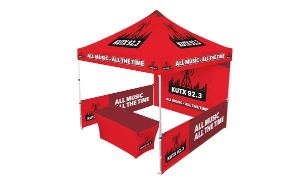 Custom popup tent and canopy. Trade show display tent with walls and table cover.