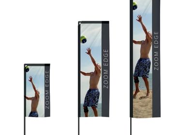 Custom square, feather and teardrop flags for outdoor and indoor display and trade shows.