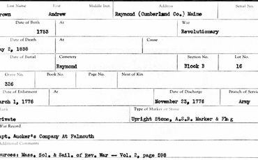 Andrew Brown Veteran's Cemetery Record