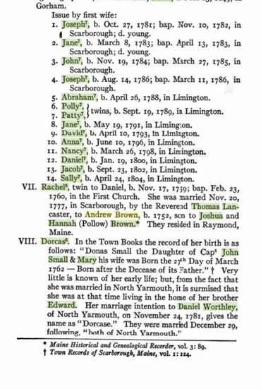 US Family History book page showing Rachel Small's family and her marriage date to Andrew.