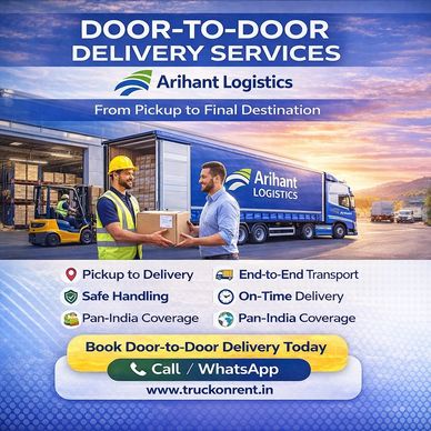 A delivery worker hands a package to a customer in front of an Arihant Logistics truck at sunset.