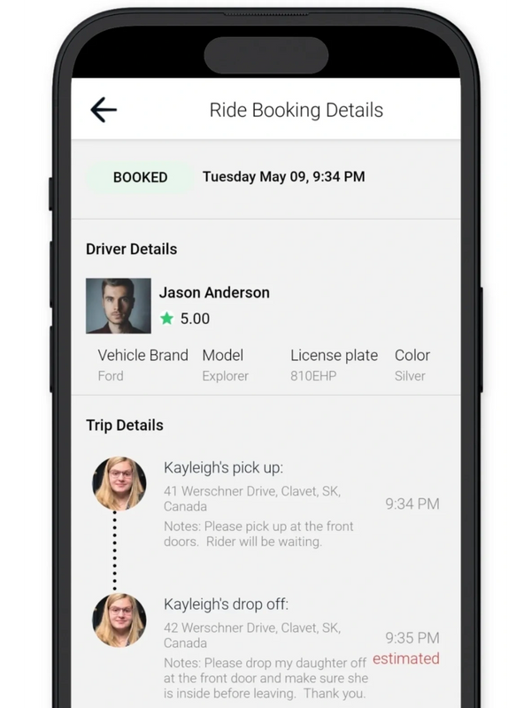 K-Go app ride booking details screen