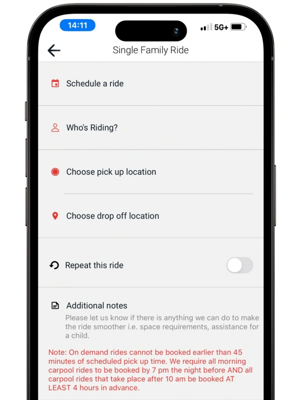 K-Go app schedule a single family ride screen