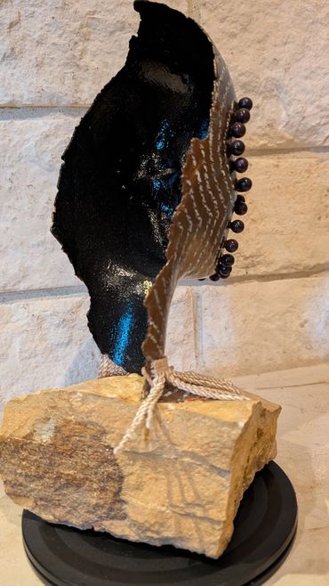 Item # 0068
Title: Ancestral Warrior
Clay, Stone, Acrylic paint, Plastics, Yarn
African American Art