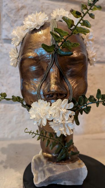 Item # 0011
Title: Outspoken Silenced
Clay, Stone, Acrylic paint, Plastics
African American Art