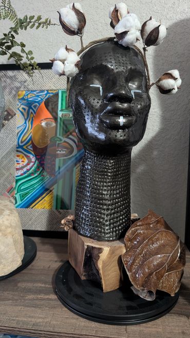 Item # 0053
Title: Unnamed
Clay, Wood, Acrylic paint, Cotton,
African American Art