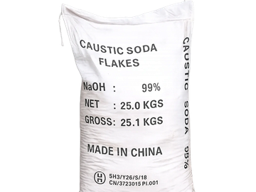 A white sack of caustic soda flakes labeled with weight and purity.